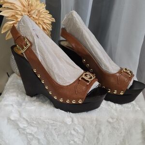 Michael Kors Elegant Brown Wedge Sandals with Gold Studs